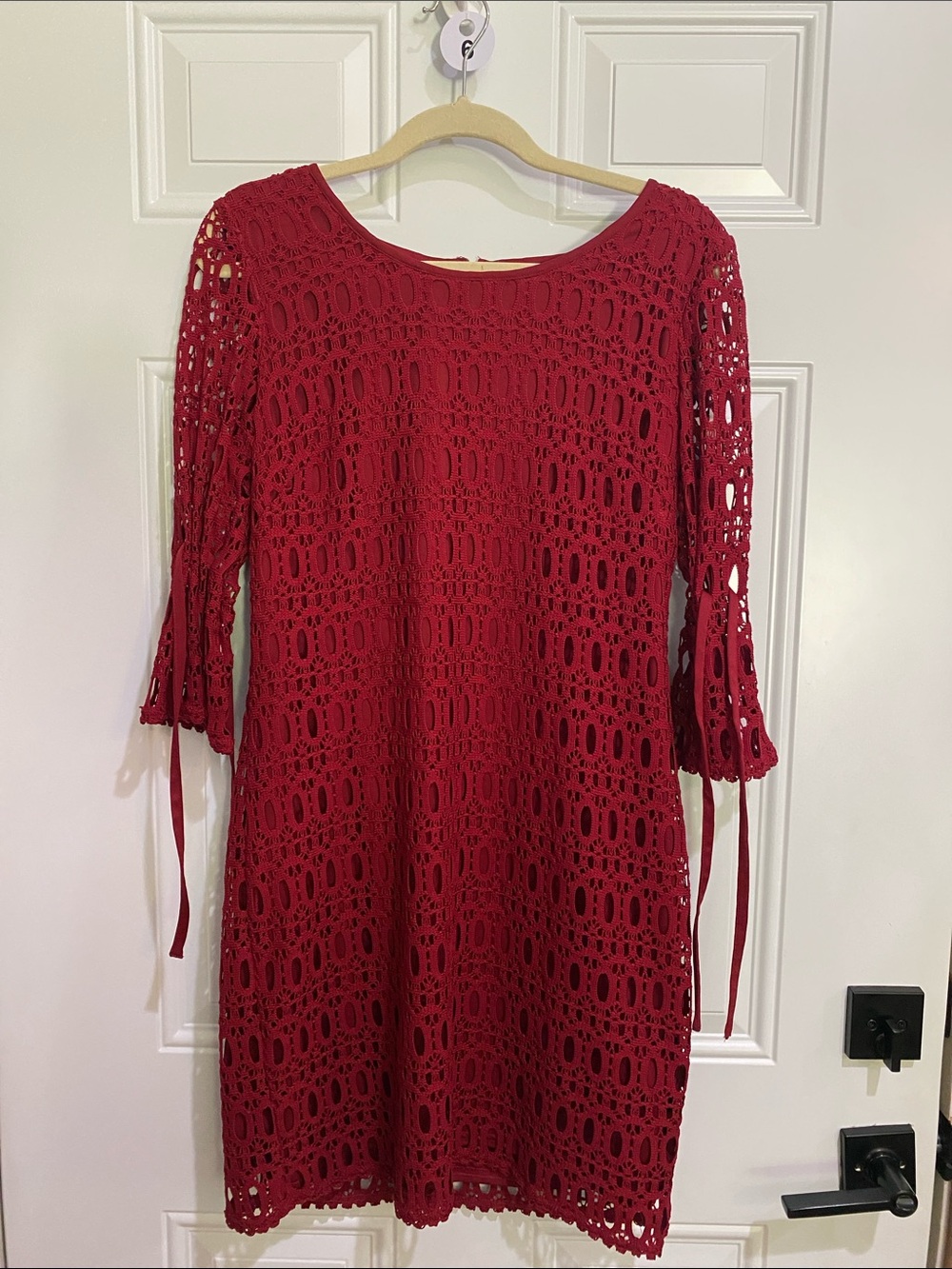 Christopher & Banks Crimson Crochet Lace Shift Dress with Tie Sleeves